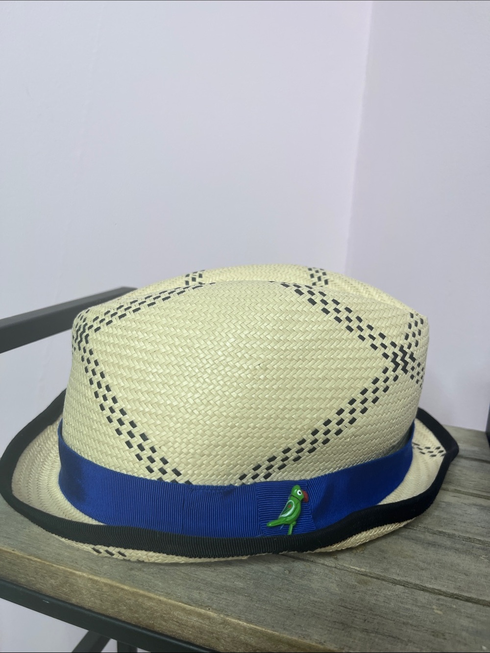 Eugeni Kim Target Straw Fedora Hat with Royal Blue Band and Green Parrot Pin